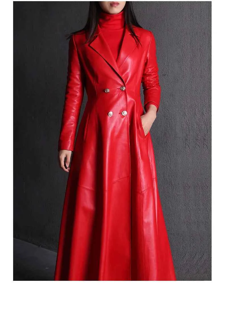 Lautaro Autumn Long Skirted Red Black Faux Leather Trench Coat for Women Double Breasted Elegant Luxury Fashion 4xl 5xl 6xl 7xl