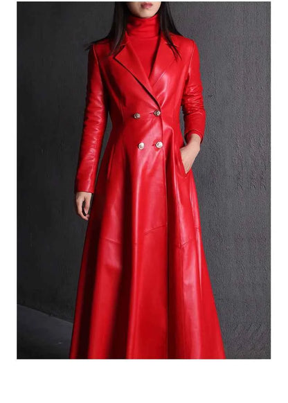 Lautaro Autumn Long Skirted Red Black Faux Leather Trench Coat for Women Double Breasted Elegant Luxury Fashion 4xl 5xl 6xl 7xl