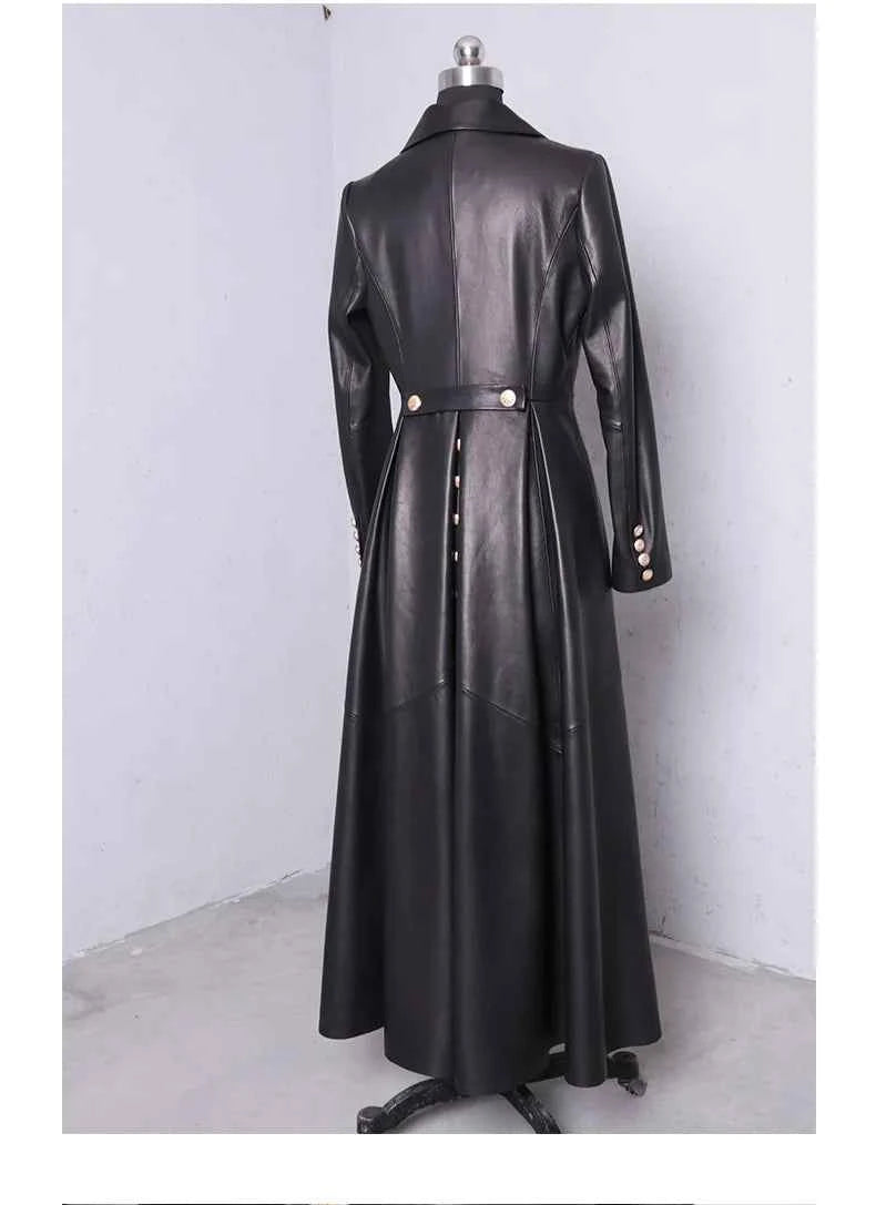 Lautaro Autumn Long Skirted Red Black Faux Leather Trench Coat for Women Double Breasted Elegant Luxury Fashion 4xl 5xl 6xl 7xl