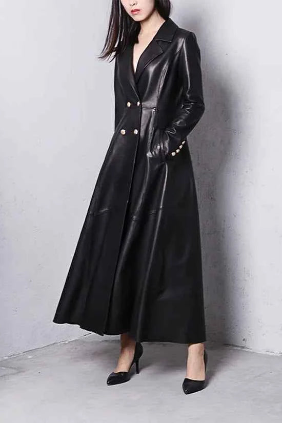 Lautaro Autumn Long Skirted Red Black Faux Leather Trench Coat for Women Double Breasted Elegant Luxury Fashion 4xl 5xl 6xl 7xl