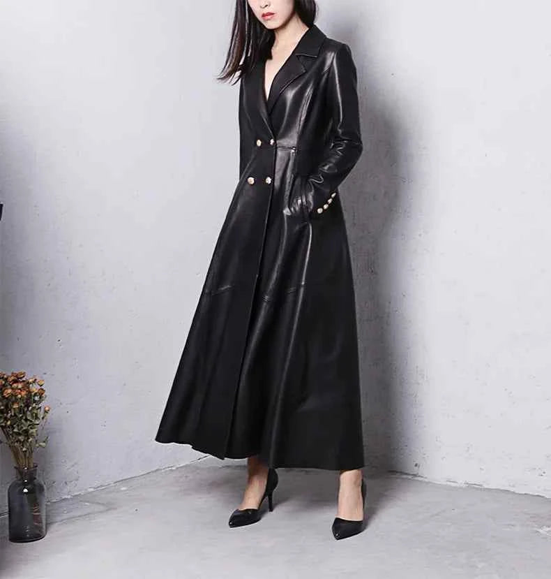 Lautaro Autumn Long Skirted Red Black Faux Leather Trench Coat for Women Double Breasted Elegant Luxury Fashion 4xl 5xl 6xl 7xl