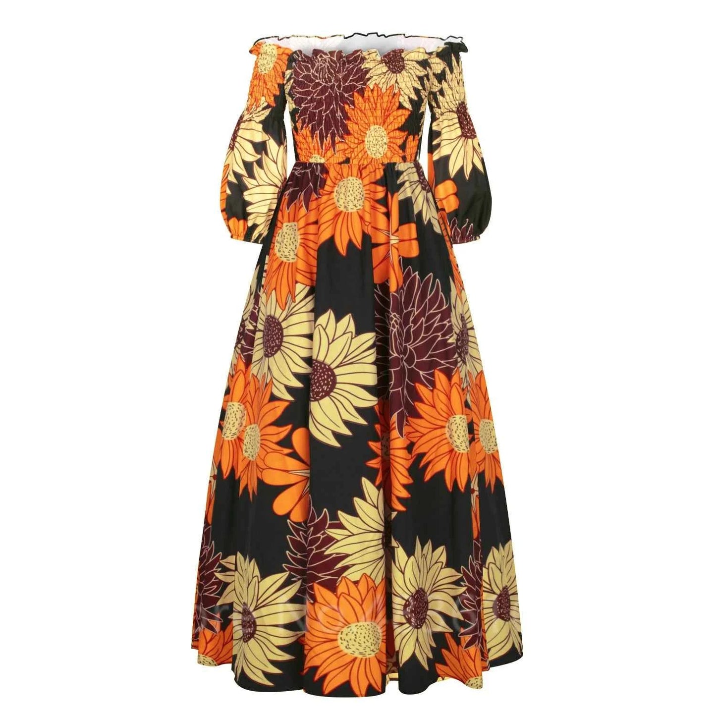 African National Print Party Dress Women Casual Sexy Slash-neck Lady Maxi Dress New Vintage Long-sleeved Loose Elegant Dresses