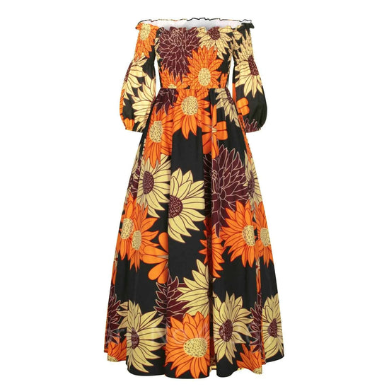 African National Print Party Dress Women Casual Sexy Slash-neck Lady Maxi Dress New Vintage Long-sleeved Loose Elegant Dresses