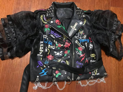Fashion chain beading leather jacket Locomotive graffiti cartoon pu Leather Jacket female Punk Motorcyle Jacket with belt F2161 SS69