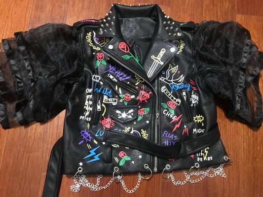 Fashion chain beading leather jacket Locomotive graffiti cartoon pu Leather Jacket female Punk Motorcyle Jacket with belt F2161 SS69