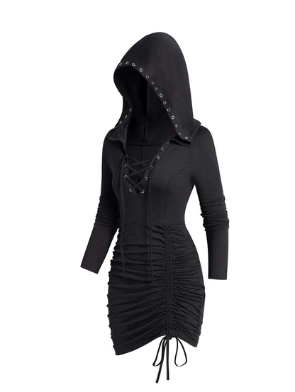 Halloween Drawstring Hoodie, Party Cosplay Long Sleeve Solid Costume, Women's Clothing - SS69