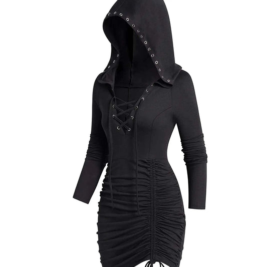 Halloween Drawstring Hoodie, Party Cosplay Long Sleeve Solid Costume, Women's Clothing - SS69