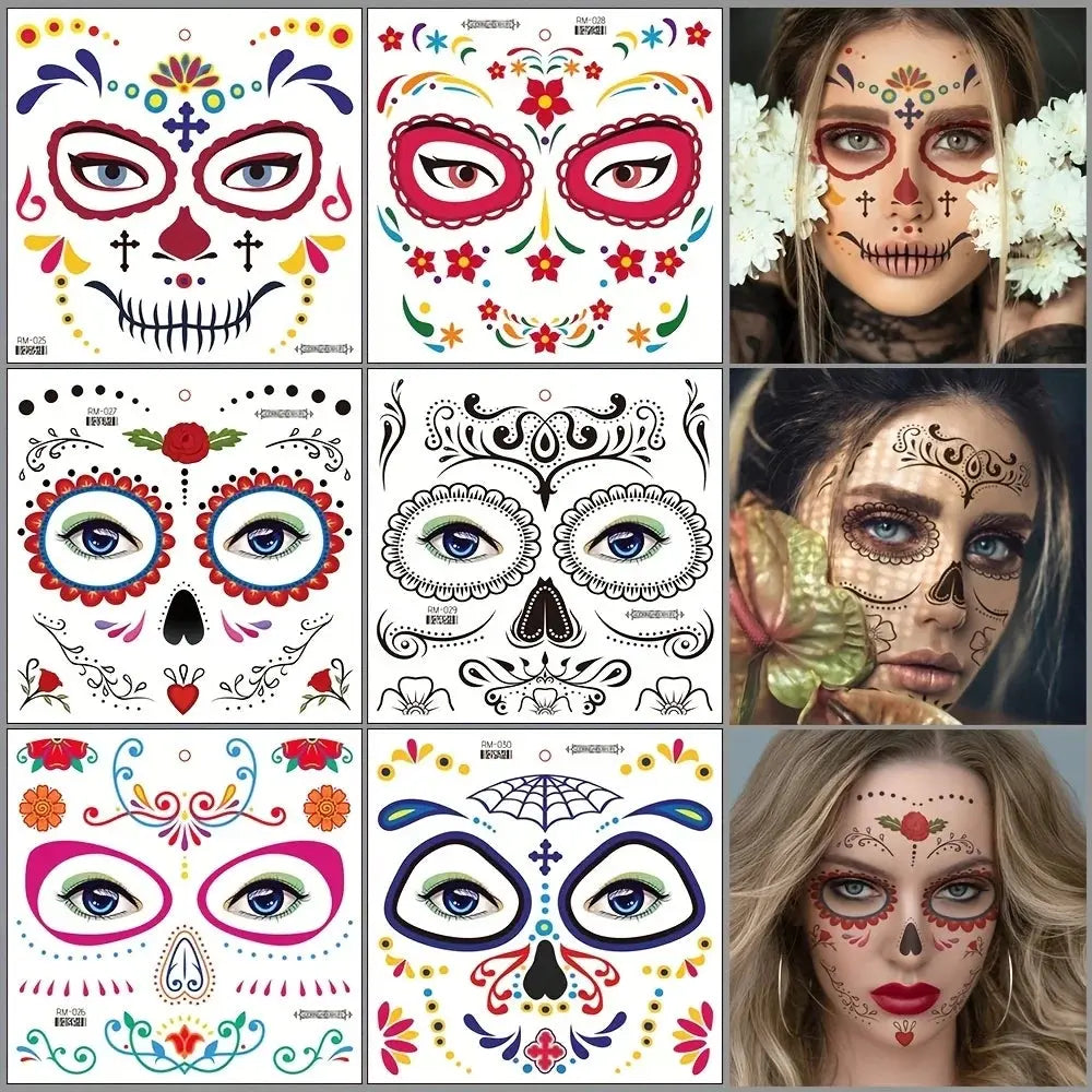 Halloween Temporary Tattoos Sticker Day Of The Dead La Catrina Face Tattoos Skull Waterproof Tattoos Sticker Party Makeup Decals SS69