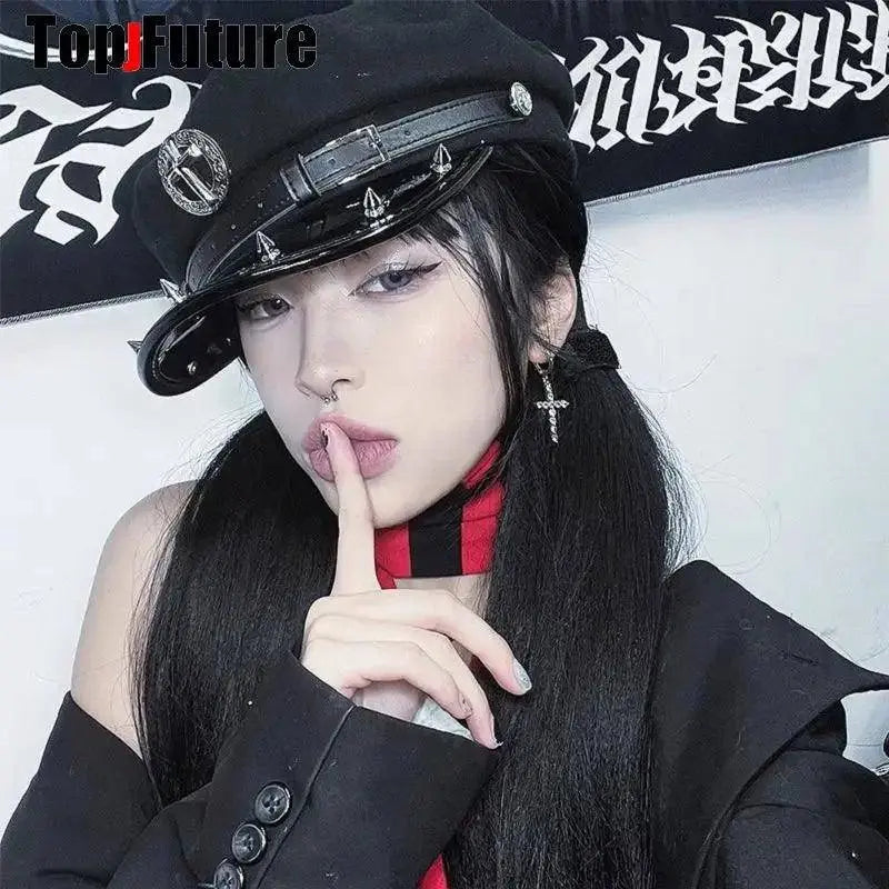Harajuku Gothic Lolita Hat Women Punk Chain Subculture Spice Girl spike Rivet Cap Hat Female Y2K Girls Accessories Lace Cap - SS69
