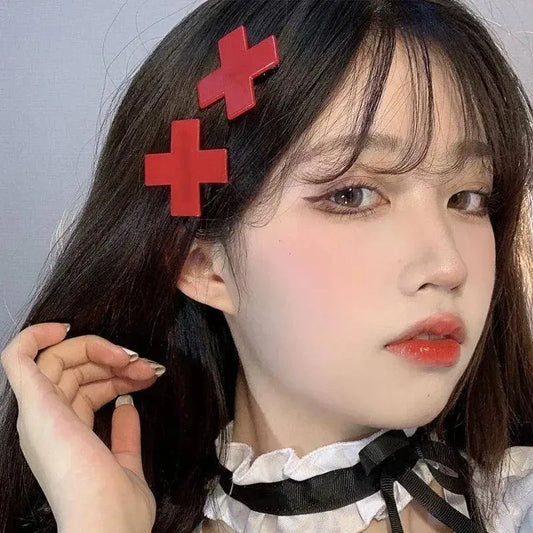 Harajuku Punk Gothic Trendy Diablo Red Cross Hair Clip Medical Creative Cool Lolita Spicy Girls Y2k Accessories Womens pins SS69