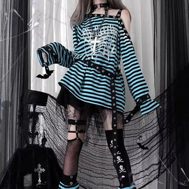 Harajuku Punk Striped Print T Shirts Y2K Gothic Girls off Shoulder - SS69