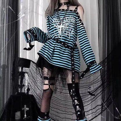 Harajuku Punk Striped Print T Shirts Y2K Gothic Girls off Shoulder - SS69