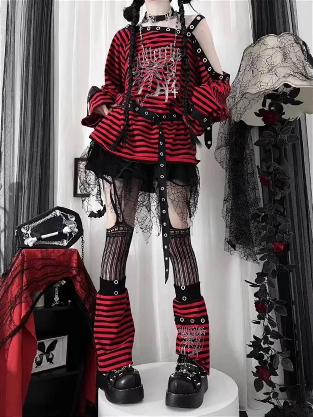 Harajuku Punk Striped Print T Shirts Y2K Gothic Girls off Shoulder - SS69