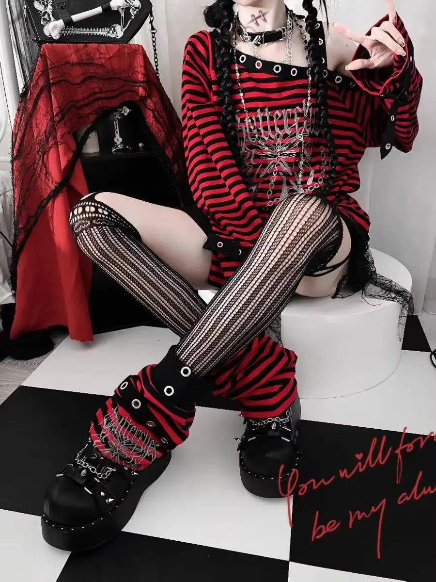 Harajuku Punk Striped Print T Shirts Y2K Gothic Girls off Shoulder - SS69