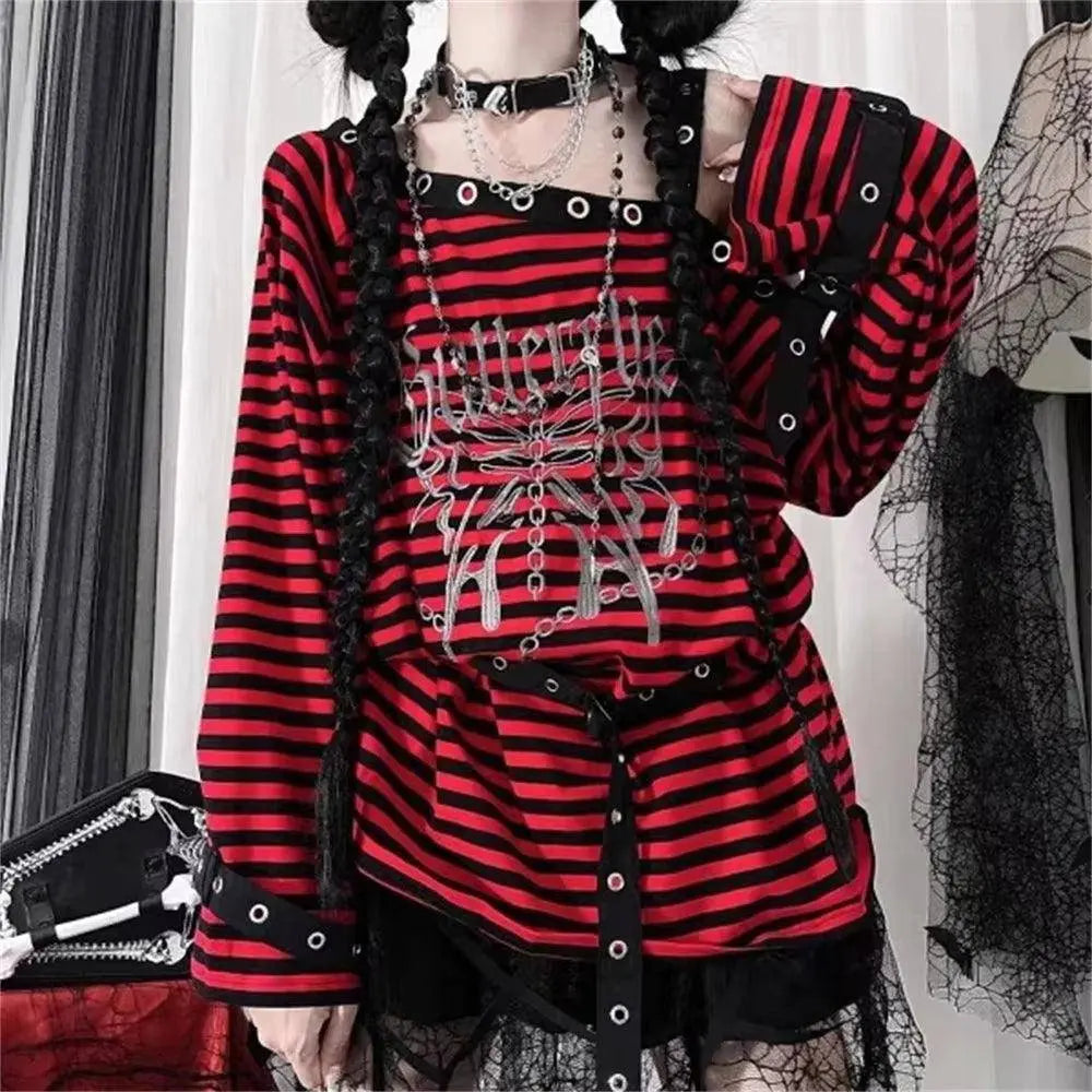 Harajuku Punk Striped Print T Shirts Y2K Gothic Girls off Shoulder - SS69