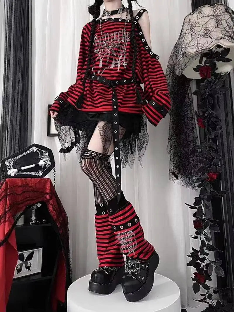 Harajuku Punk Striped Print T Shirts Y2K Gothic Girls off Shoulder - SS69
