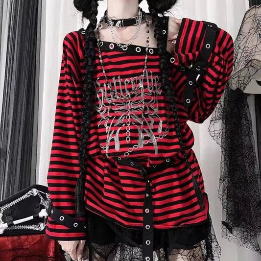 Harajuku Punk Striped Print T Shirts Y2K Gothic Girls off Shoulder - SS69