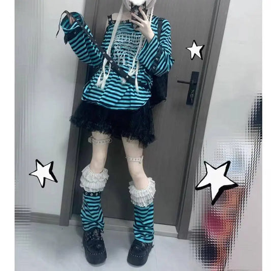 Harajuku Punk Striped Print T Shirts Y2K Gothic Girls off Shoulder - SS69