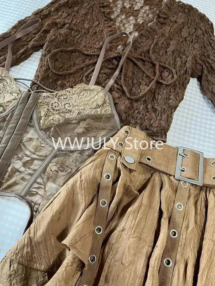 Harajuku Vintage Fashion 3 Piece Set Woman Short Cardigan + Slim Vest + Y2k E-Girl High Waist Skirt Hot Girls Korean Style Suit SS69