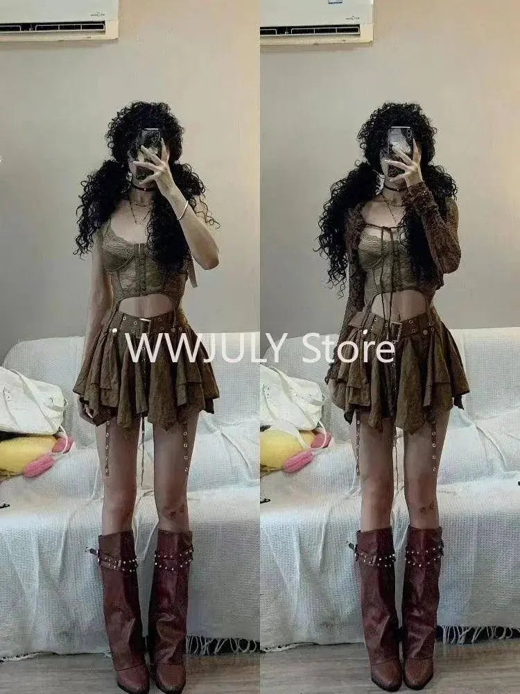 Harajuku Vintage Fashion 3 Piece Set Woman Short Cardigan + Slim Vest + Y2k E-Girl High Waist Skirt Hot Girls Korean Style Suit SS69