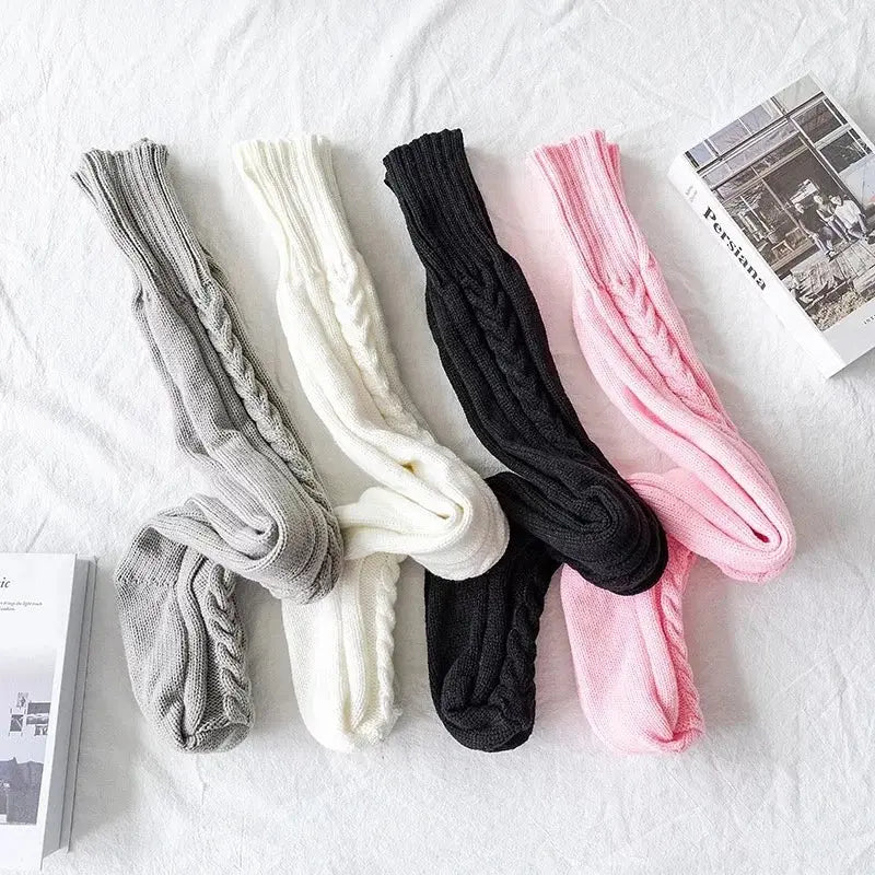 Harajuku Women Girls Wool Stockings Winter Warm Knitted Over Knee Socks Leg Warmer Female Thigh Sexy Long Stockings Leg Warmers SS69