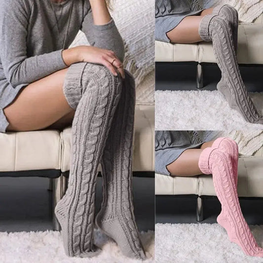 Harajuku Women Girls Wool Stockings Winter Warm Knitted Over Knee Socks Leg Warmer Female Thigh Sexy Long Stockings Leg Warmers SS69