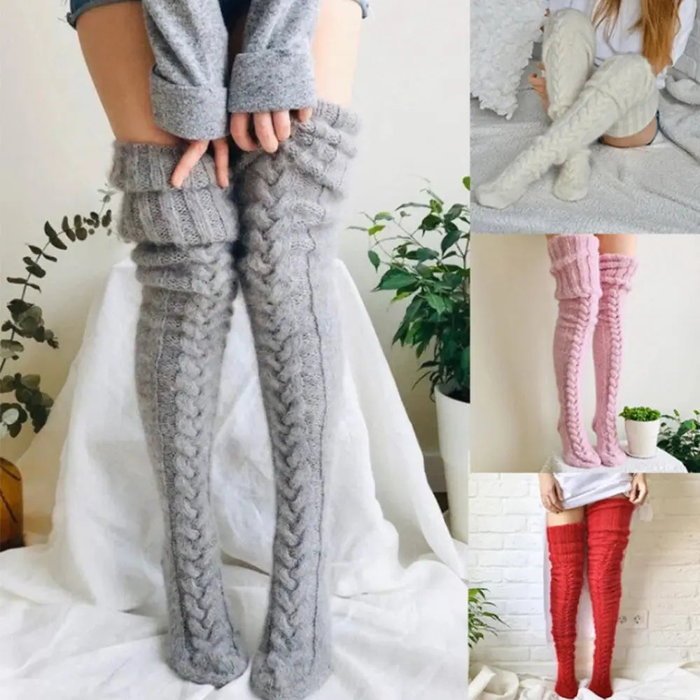 Harajuku Women Girls Wool Stockings Winter Warm Knitted Over Knee Socks Leg Warmer Female Thigh Sexy Long Stockings Leg Warmers SS69
