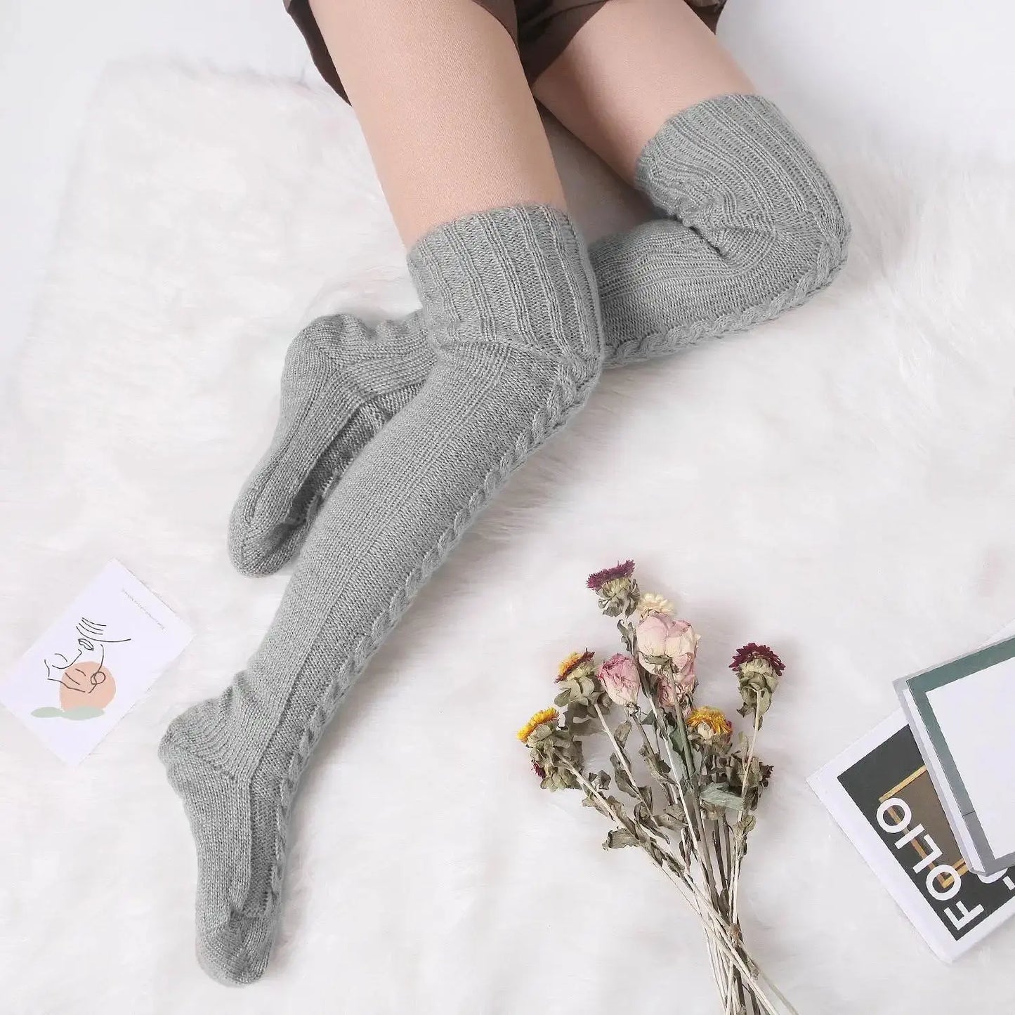 Harajuku Women Girls Wool Stockings Winter Warm Knitted Over Knee Socks Leg Warmer Female Thigh Sexy Long Stockings Leg Warmers SS69