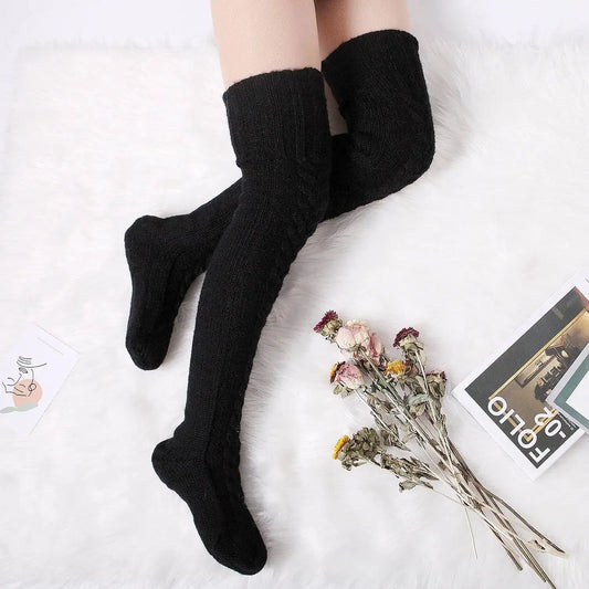 Harajuku Women Girls Wool Stockings Winter Warm Knitted Over Knee Socks Leg Warmer Female Thigh Sexy Long Stockings Leg Warmers SS69