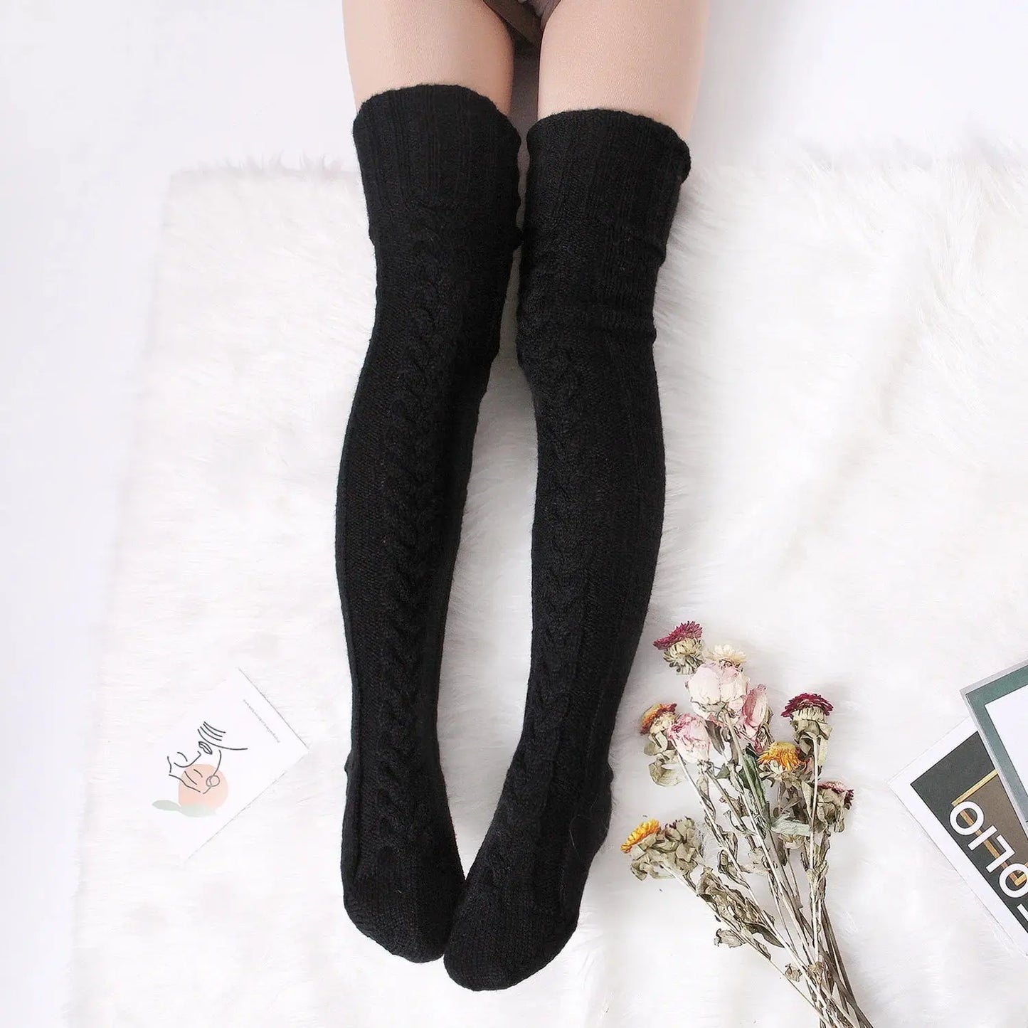Harajuku Women Girls Wool Stockings Winter Warm Knitted Over Knee Socks Leg Warmer Female Thigh Sexy Long Stockings Leg Warmers SS69 18.69 Black / Free size