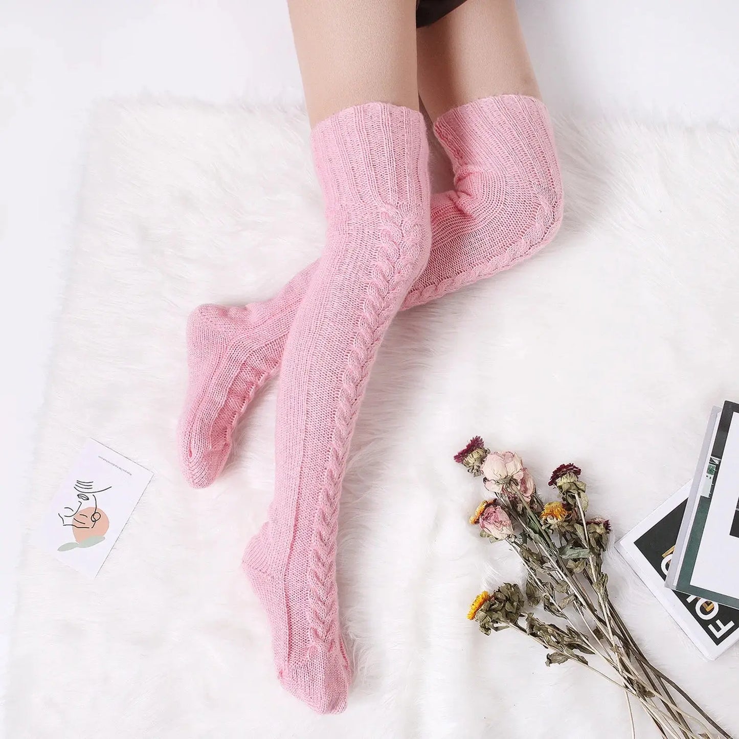 Harajuku Women Girls Wool Stockings Winter Warm Knitted Over Knee Socks Leg Warmer Female Thigh Sexy Long Stockings Leg Warmers SS69 18.69 Pink / Free size