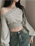 Harajuku Women Irregular Off Shoulder Hoodies Long Sleeve Sexy Crop Tops Y2k Streetwear Pullovers Sweatshirt 2025 Autumn Winter SS69
