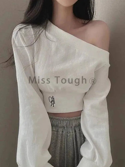 Harajuku Women Irregular Off Shoulder Hoodies Long Sleeve Sexy Crop Tops Y2k Streetwear Pullovers Sweatshirt 2025 Autumn Winter SS69