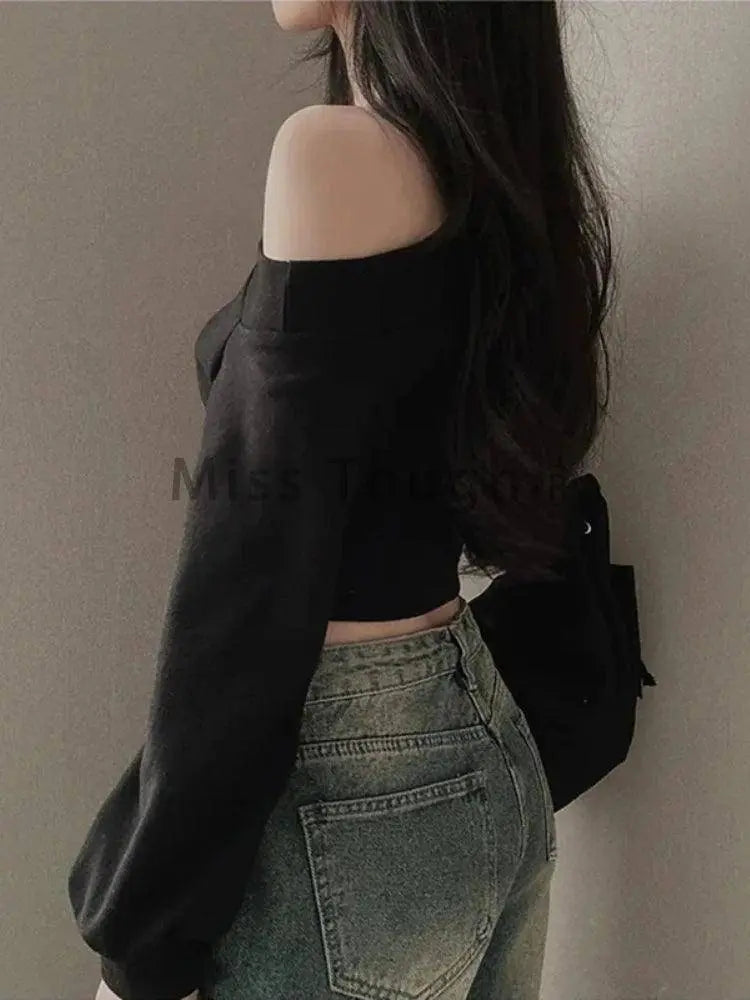 Harajuku Women Irregular Off Shoulder Hoodies Long Sleeve Sexy Crop Tops Y2k Streetwear Pullovers Sweatshirt 2025 Autumn Winter SS69