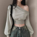 Harajuku Women Irregular Off Shoulder Hoodies Long Sleeve Sexy Crop Tops Y2k Streetwear Pullovers Sweatshirt 2025 Autumn Winter SS69
