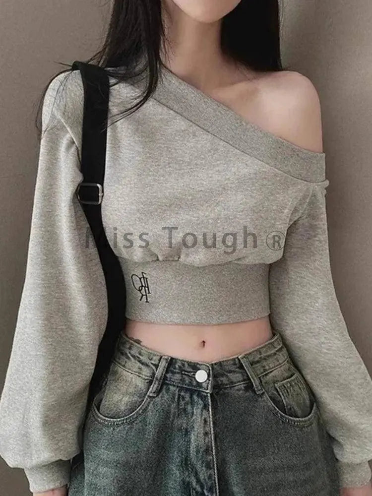 Harajuku Women Irregular Off Shoulder Hoodies Long Sleeve Sexy Crop Tops Y2k Streetwear Pullovers Sweatshirt 2025 Autumn Winter SS69
