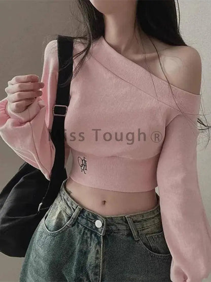 Harajuku Women Irregular Off Shoulder Hoodies Long Sleeve Sexy Crop Tops Y2k Streetwear Pullovers Sweatshirt 2025 Autumn Winter SS69