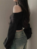 Harajuku Women Irregular Off Shoulder Hoodies Long Sleeve Sexy Crop Tops Y2k Streetwear Pullovers Sweatshirt 2025 Autumn Winter SS69
