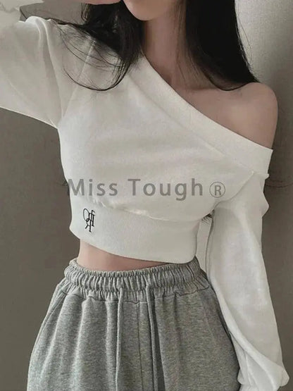 Harajuku Women Irregular Off Shoulder Hoodies Long Sleeve Sexy Crop Tops Y2k Streetwear Pullovers Sweatshirt 2025 Autumn Winter SS69