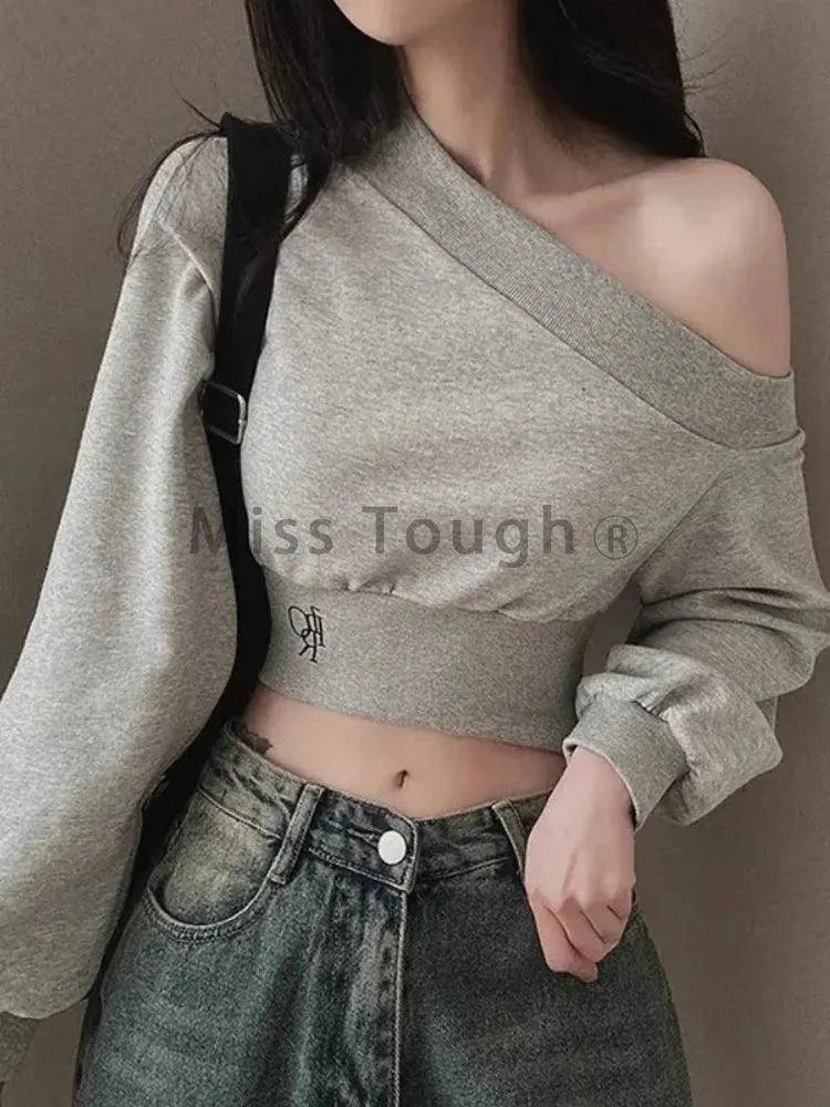 Harajuku Women Irregular Off Shoulder Hoodies Long Sleeve Sexy Crop Tops Y2k Streetwear Pullovers Sweatshirt 2025 Autumn Winter SS69