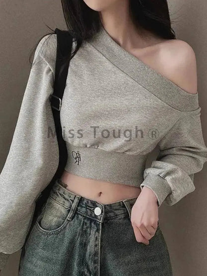 Harajuku Women Irregular Off Shoulder Hoodies Long Sleeve Sexy Crop Tops Y2k Streetwear Pullovers Sweatshirt 2025 Autumn Winter SS69