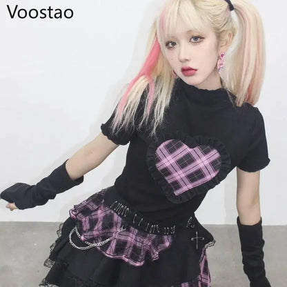 Harajuku Y2K Summer Short Sleeve Tshirt Gothic Women Kawaii Plaid Heart Ruffles Punk T-Shirts Female Streetwear Hip Hop Tee Tops - SS69