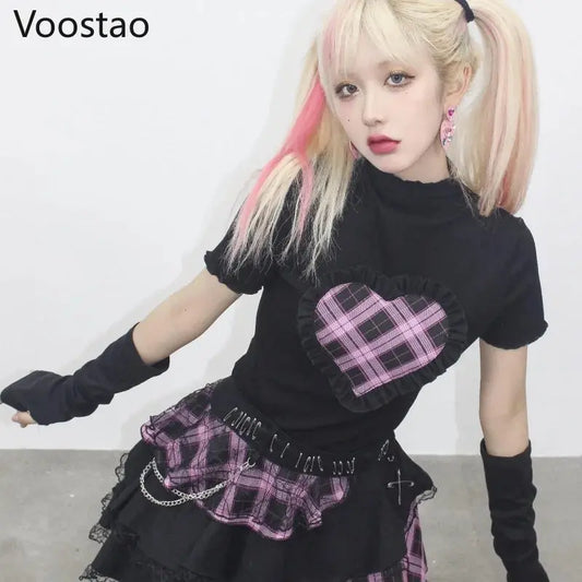 Harajuku Y2K Summer Short Sleeve Tshirt Gothic Women Kawaii Plaid Heart Ruffles Punk T-Shirts Female Streetwear Hip Hop Tee Tops - SS69