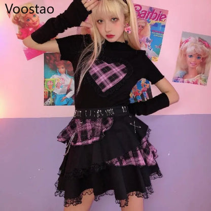 Harajuku Y2K Summer Short Sleeve Tshirt Gothic Women Kawaii Plaid Heart Ruffles Punk T-Shirts Female Streetwear Hip Hop Tee Tops - SS69