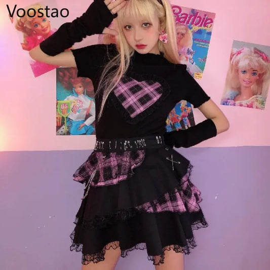 Harajuku Y2K Summer Short Sleeve Tshirt Gothic Women Kawaii Plaid Heart Ruffles Punk T-Shirts Female Streetwear Hip Hop Tee Tops - SS69