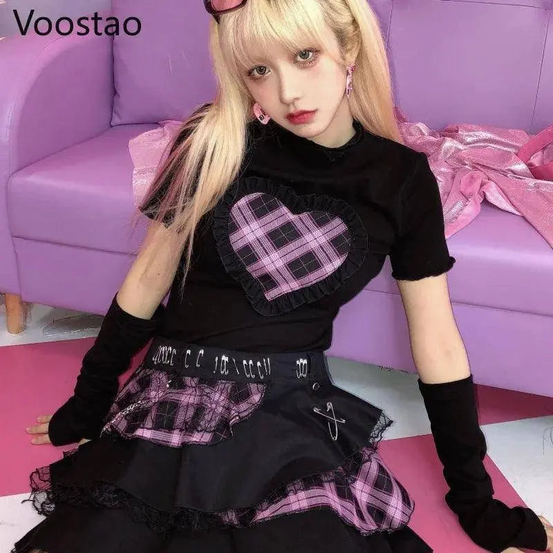 Harajuku Y2K Summer Short Sleeve Tshirt Gothic Women Kawaii Plaid Heart Ruffles Punk T-Shirts Female Streetwear Hip Hop Tee Tops - SS69