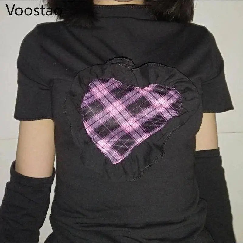 Harajuku Y2K Summer Short Sleeve Tshirt Gothic Women Kawaii Plaid Heart Ruffles Punk T-Shirts Female Streetwear Hip Hop Tee Tops - SS69