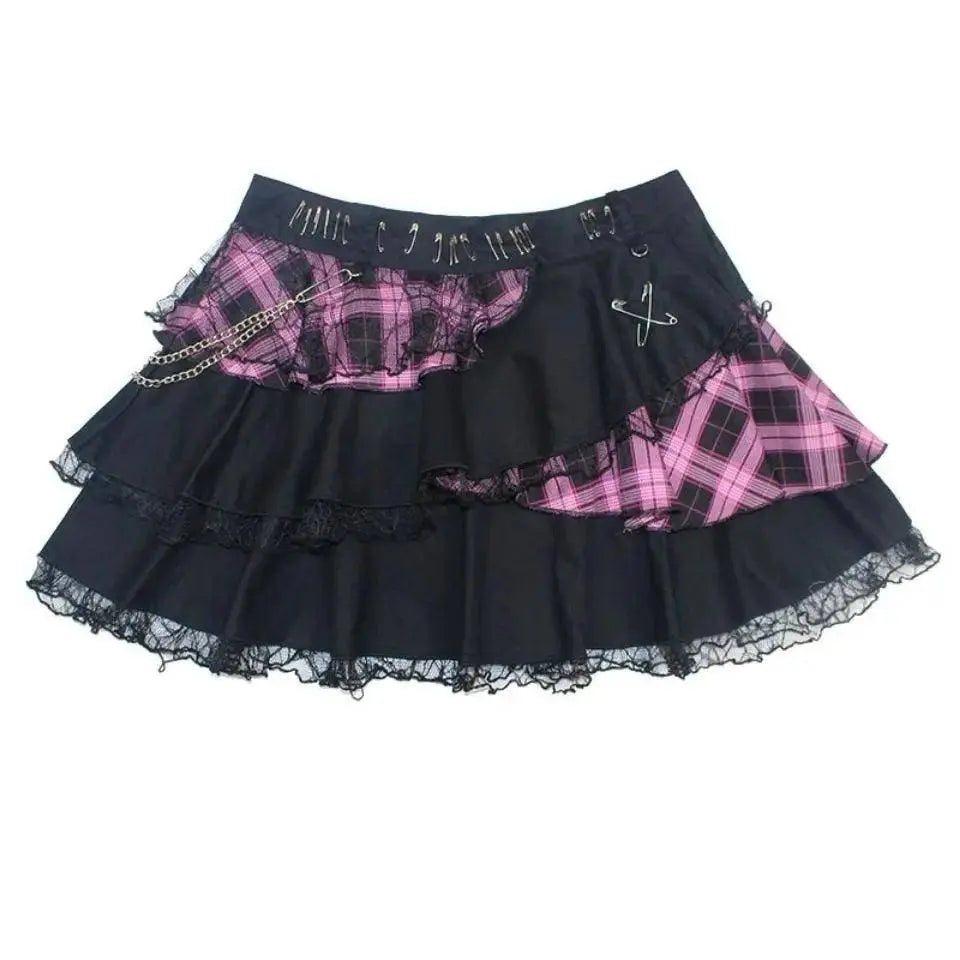 Harajuku Y2K Summer Short Sleeve Tshirt Gothic Women Kawaii Plaid Heart Ruffles Punk T-Shirts Female Streetwear Hip Hop Tee Tops - SS69