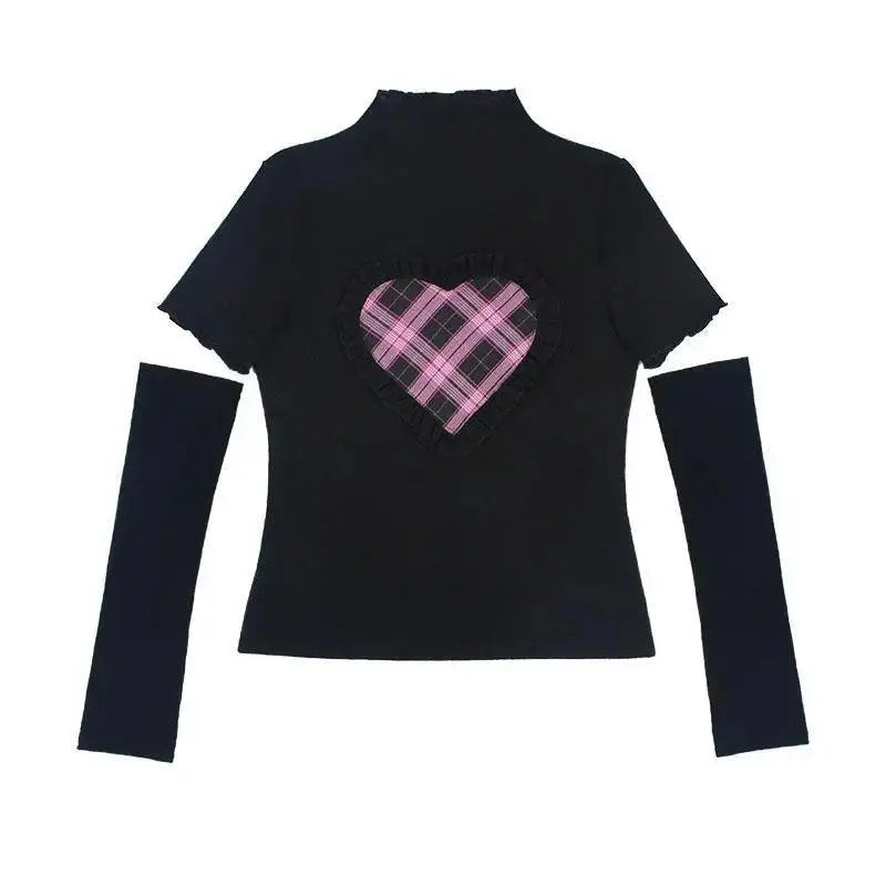 Harajuku Y2K Summer Short Sleeve Tshirt Gothic Women Kawaii Plaid Heart Ruffles Punk T-Shirts Female Streetwear Hip Hop Tee Tops - SS69