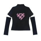 Harajuku Y2K Summer Short Sleeve Tshirt Gothic Women Kawaii Plaid Heart Ruffles Punk T-Shirts Female Streetwear Hip Hop Tee Tops - SS69
